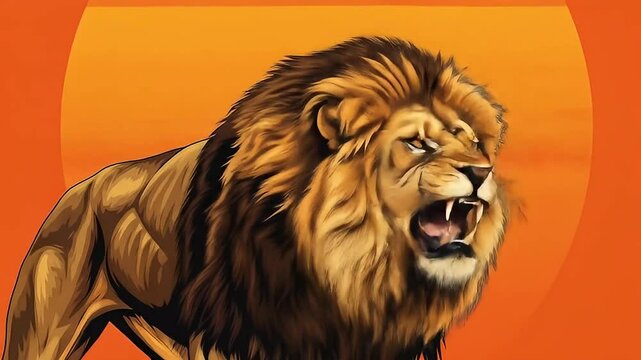 Animated roaring lion running illustration orange background