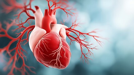 A detailed anatomical illustration showcasing the intricacies of the human heart, with emphasis on its vibrant color and interconnectedness with blood vessels. Generative ai illustration.