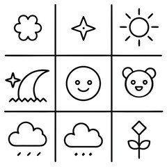 Obraz premium Simple line art icons of nature and celestial elements cloud star