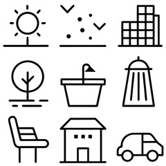 Sun birds building tree potted plant shower bench house car vector