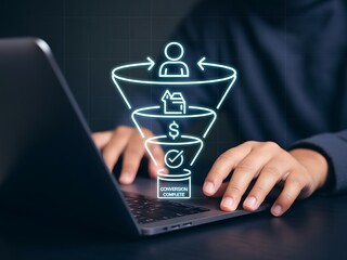 Digital marketing sales funnel diagram with person using laptop conversion lead generation