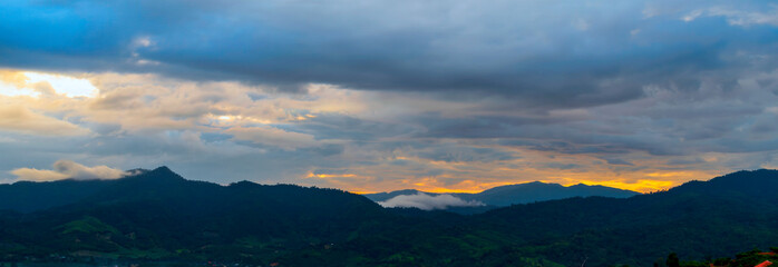 Banner Blue golden sky sunrise dramatic beautiful mountain. Blue sky white cloud cloudscape. Banner...