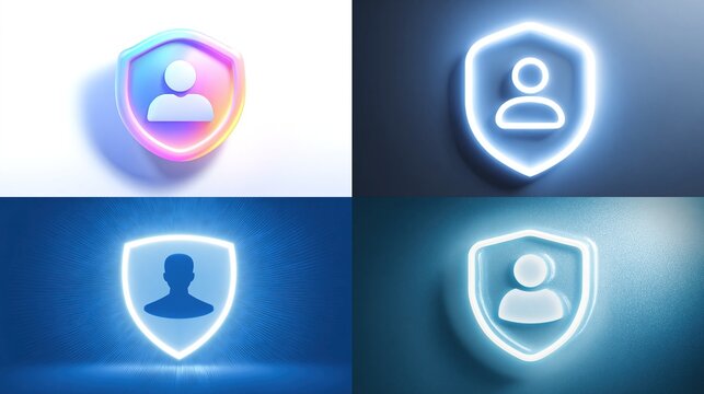 Glowing neon shield icons with user profile symbol in various styles and lighting effects, suitable for security, privacy, or profile protection themes - Powered by Adobe
