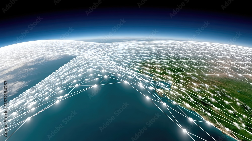 Poster global network of data arcs linking digital connections around earth