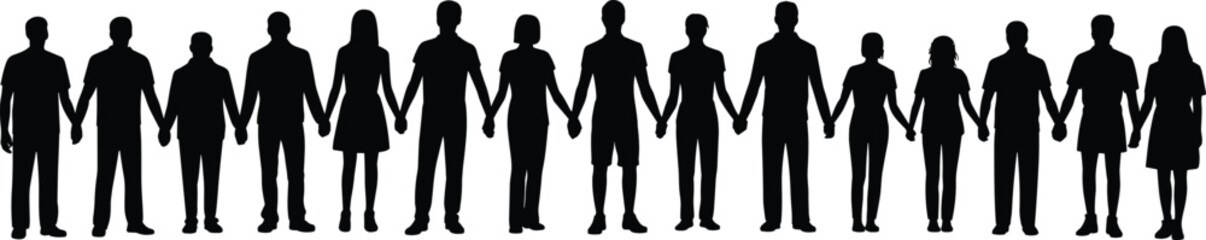 Silhouettes of diverse people holding hands, unity, community, friendship, teamwork, standing together, black figures, support, group cooperation illustration