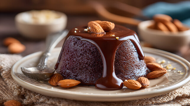 National Chocolate Pudding Day, a plate of chocolate pudding with melted chocolate sauce and roasted almonds on the side. In the kitchen background, looks delicious. - Powered by Adobe