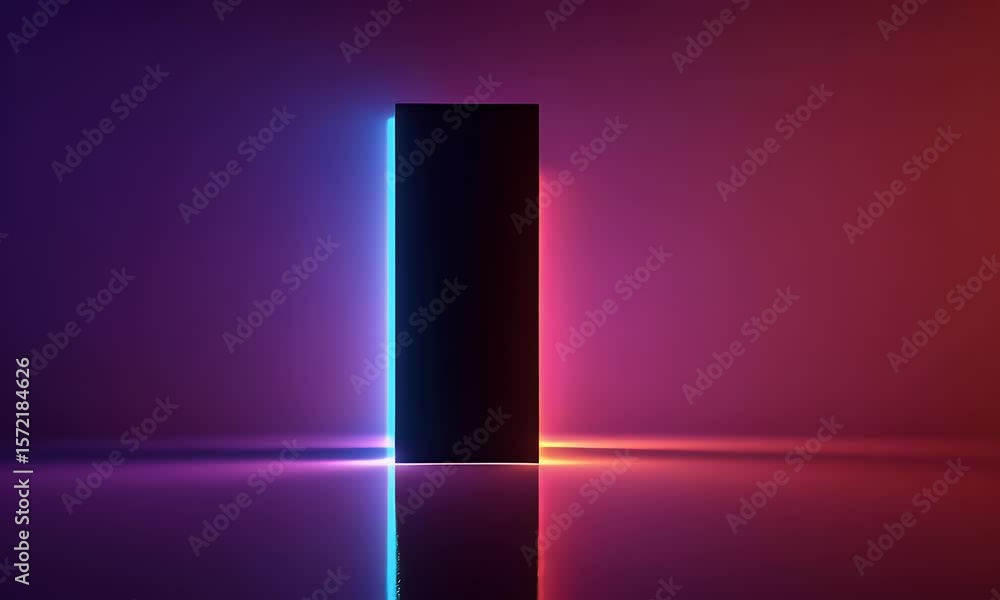 Poster 3d render, abstract neon background with a glowing square frame in the middle of an empty dark room.
