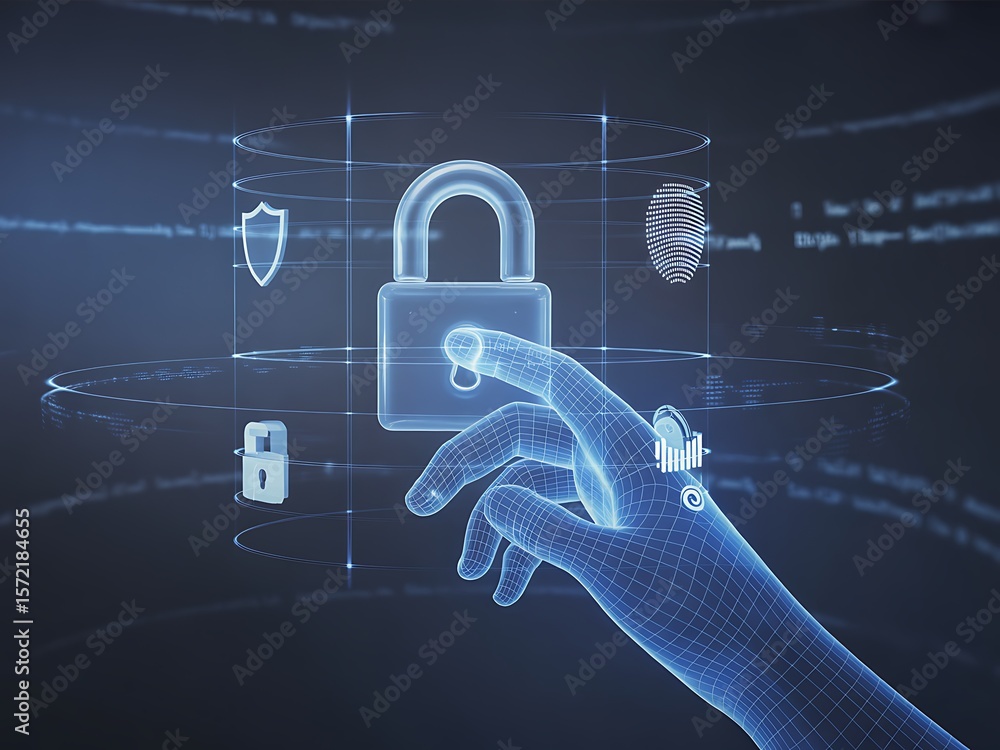 Poster digital security concept with glowing padlock and fingerprint cybersecurity data protection