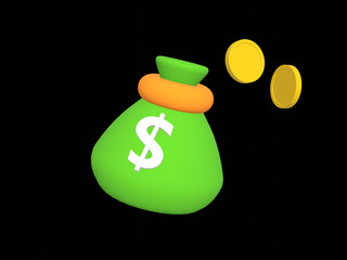 3D Pouch Money bag with gold coins. Online payment, Business and finance concept.