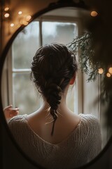 A young woman braiding her own hair in front of a mirror, natural light from a window. The braid is neat and stylish, fingers in motion. Calm and soft aesthetic, lifestyle beauty content.