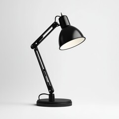Black adjustable desk lamp with metal shade on white background.