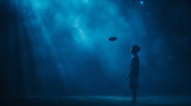 Boy Looking Up at Flying Disc in Blue Light