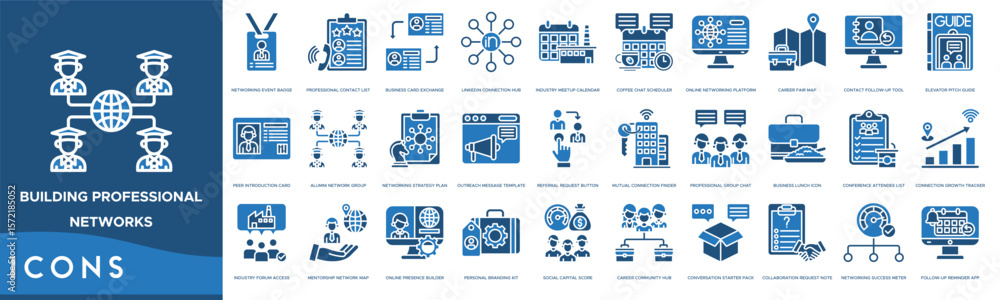 Poster building professional networks icon set. networking event badge, professional contact list, business
