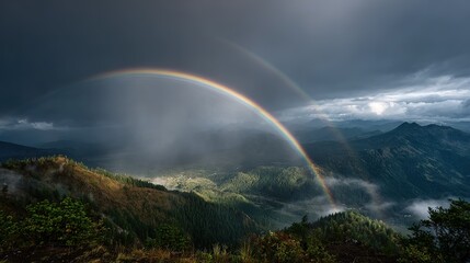 Dramatic double rainbow arches over a misty mountain landscape after a rain shower