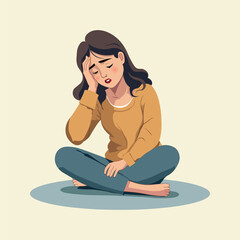 A young woman sits cross-legged on the floor with her eyes closed, holding her head in pain. This vector shows stress, fatigue, or a headache in a simple cartoon style.