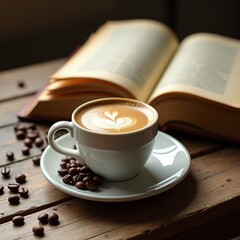 A steaming cup of cappuccino in a white mug on a wooden table, surrounded by spilled coffee beans and an open book. Soft natural light.