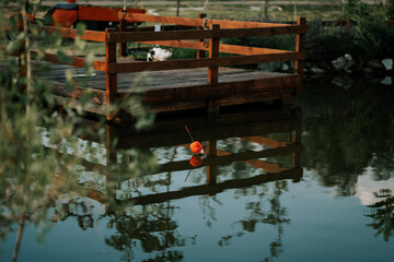 Bright orange fishing bobber floats on still water near a rustic wooden dock during late afternoon