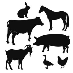 Silhouette of Farm Animals Set – Cow, Pig, Horse, Goat, Chicken, Duck, Rabbit