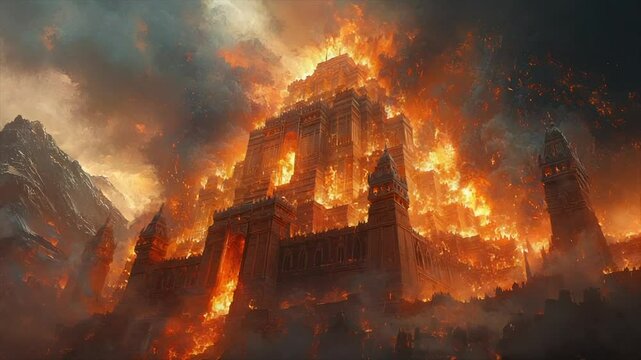 Fiery inferno engulfs a colossal, ancient structure