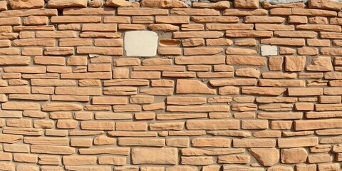 Fototapeta premium Seamless panorama of aged brown sandstone rubble wall with cracked stucco remnants, repeat, detail