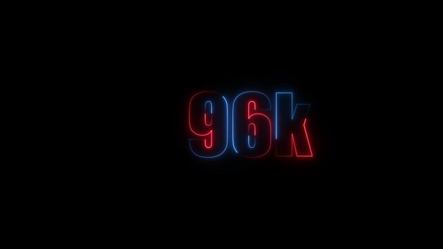 Abstract Neon Light 96K Letter Icon Animation on black background 4K Video,Thank you for 96k followers online social banner happy celebration