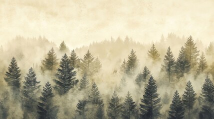 Misty landscape with a retro-style fir forest and soft, diffused light