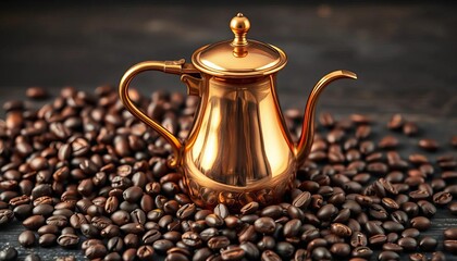 Gleaming copper coffee pot, dark roasted coffee beans scattered nearby,  object,  beverage
