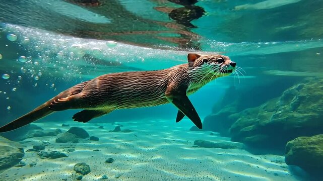 A playful otter swimming gracefully underwater, surrounded by bubbles and rocky terrain