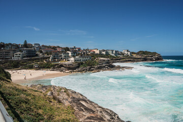 Sydney, Australia - January 2025 : Busy Bronte beach during a summer day