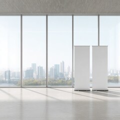 Empty modern room with panoramic city view and blank roll-up banners