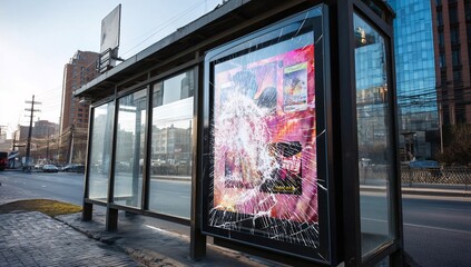 Digital billboard with a cracked screen, displaying multiple advertisements in a malfunctioning display.