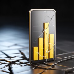 Growth and recovery shown through a bar chart displayed on a cracked smartphone screen.