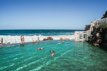 Sydney, Australia - January 2025 : Busy bronte baths during a summer day