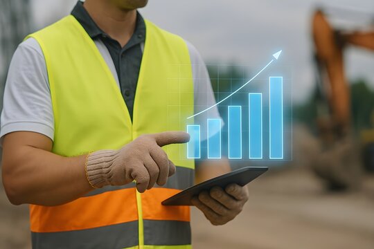 Construction Worker Using Holographic Bar Chart to Monitor Site Progress