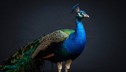 Obraz premium A peacock with vibrant plumage, presented against a dark backdrop.