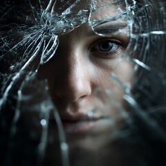 Dramatic portrayal of an individual seen through a shattered smart mirror, highlighting damage.