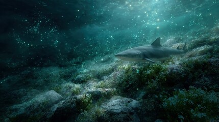 Fototapeta premium Shark swims past glowing algae on the ocean floor with celestial light from above