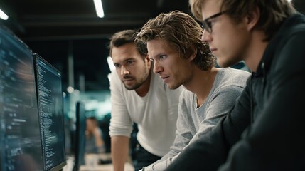 Three men focused on computer screens displaying lines of code collaborating in a modern office environment