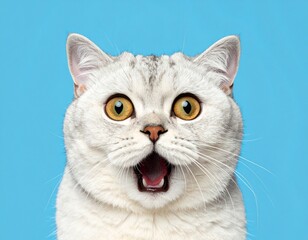 Fototapeta premium A surprised silver tabby cat with wide eyes and an open mouth against a light blue background.