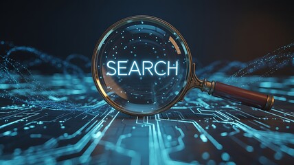 Magnifying glass with the word search glowing on a futuristic circuit board background