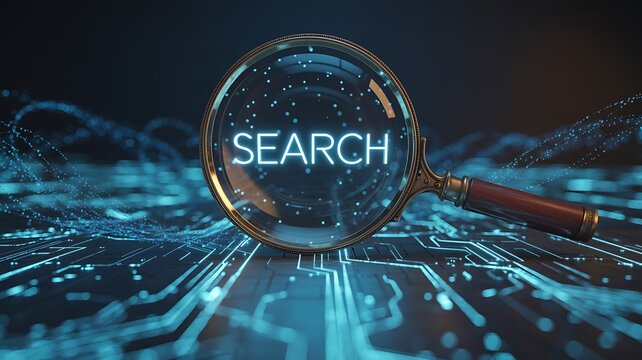 Magnifying glass with the word search glowing on a futuristic circuit board background - Powered by Adobe