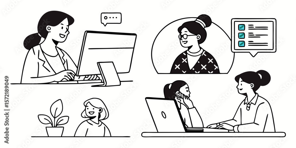 Poster diverse women collaborating and working remotely on computers isolated on white background