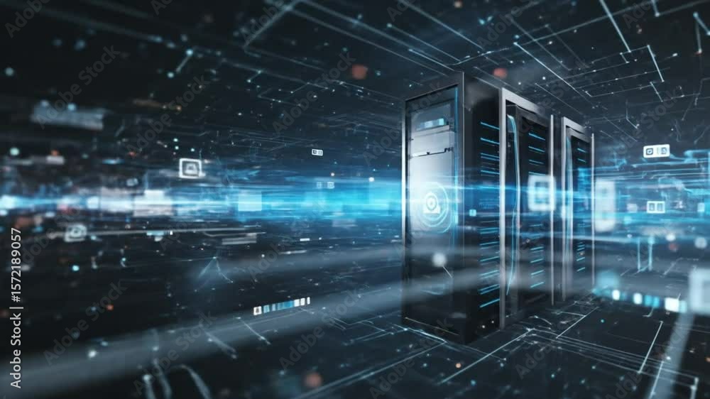 Poster server racks in a futuristic digital space with glowing lines and floating square icons around them