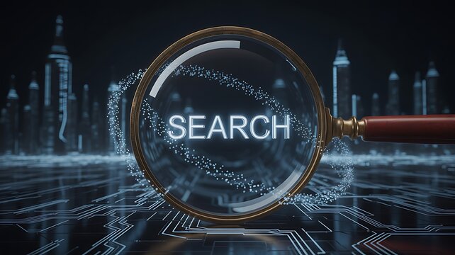 Magnifying glass revealing the word search amidst glowing particles and futuristic cityscape - Powered by Adobe