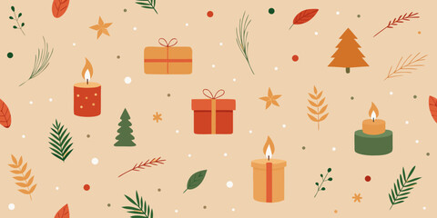 A festive vector illustration showcases a winter holiday celebration with a Christmas tree, shining star, snowflake ornaments, and glowing candle flame, perfect for a New Year's gift card design