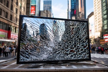 Digital billboard in a busy city with a cracked display, symbolizing a malfunction in public tech.
