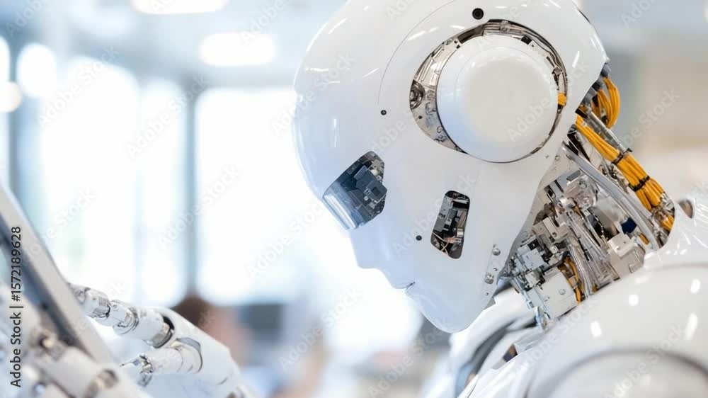 Poster robot's introspection: a detailed shot captures a robotic figure in deep thought, its metallic featu