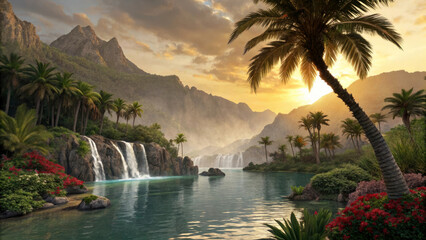 Foliage and Crystal Waterfall in Sunlit Rainforest