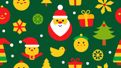A cute Christmas seamless pattern featuring cartoon holiday illustrations of Santa, a snowman, gift, and Christmas tree decorations, perfect for winter celebration vector icons