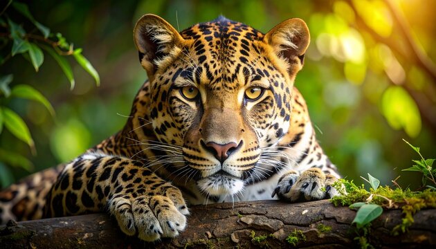 Close-up of a leopard resting on a tree branch in a lush jungle environment.